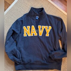 Navy Blue Quarter-Zip Sweatshirt with Yellow & White Trim Embroidered Lettering